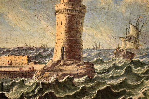 Marine in tempesta con galeoni sulle coste